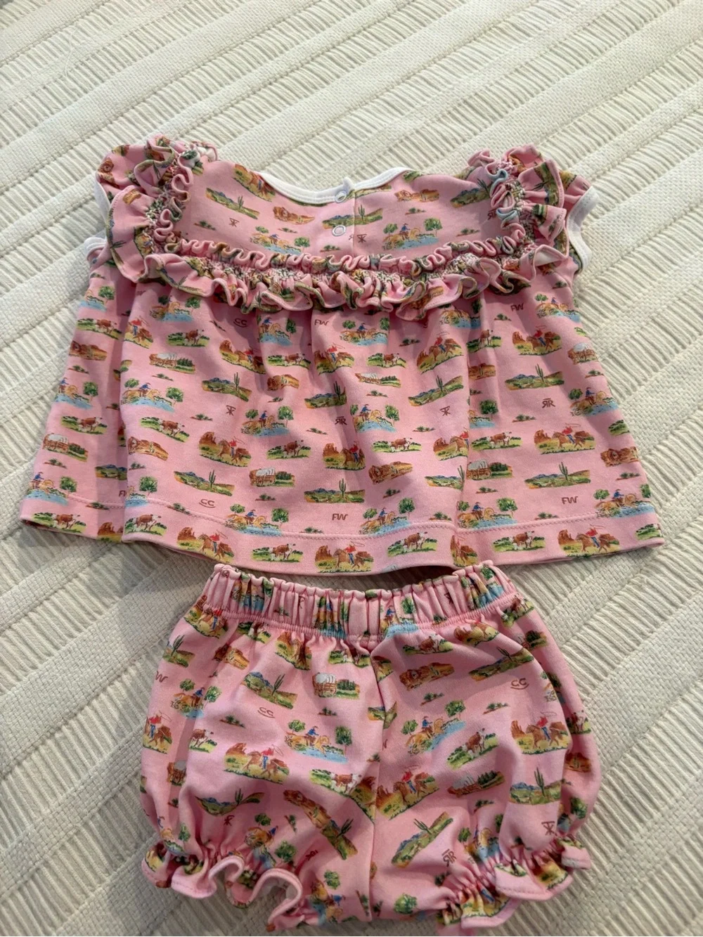 NWOT Pink Ruffled Baby Two-Piece Set with Western Print